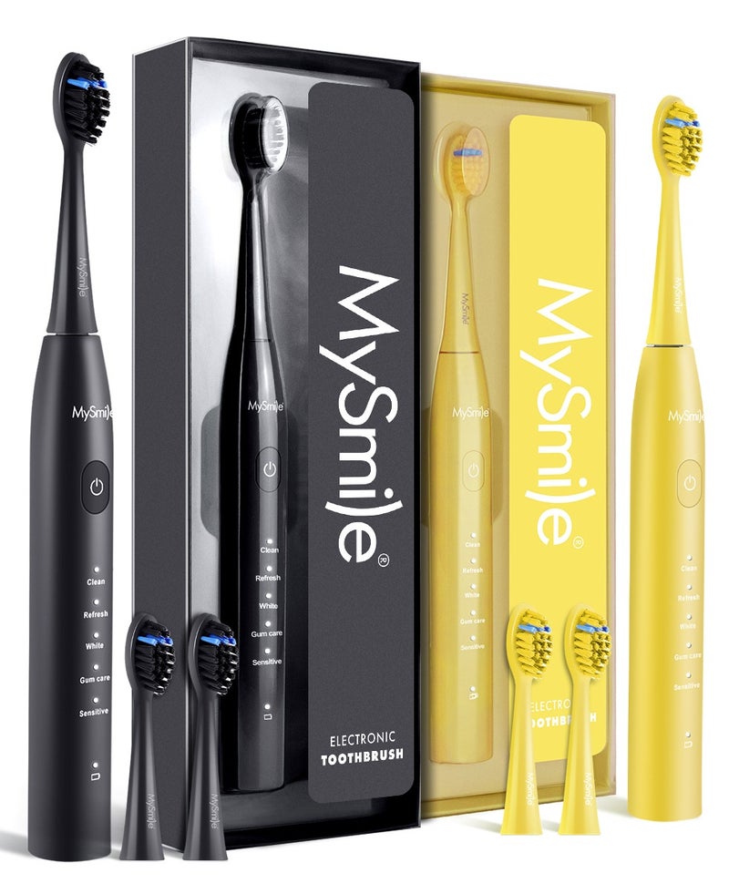 ماي سمايل فرشاة أسنان كهربائية MySmile DY156 للبالغين، قابلة لإعادة الشحن بتقنية الصوت مع بطارية وفرشاة محمولة مع 3 رؤوس فرشاة، مؤقت ذكي لمدة دقيقتين و5 أوضاع، 45000 نبضة في الدقيقة، شحنة واحدة تدوم 60 يومًا (أسود، متوسط) & فرشاة أسنان كهربائية MySmile DY156 للبالغين، قابلة لإعادة الشحن ومحمولة بتقنية الصوت مع 3 رؤوس فرشاة، مؤقت ذكي لمدة دقيقتين و5 أوضاع، 45000 دورة في الدقيقة، شحنة واحدة تدوم 60 يومًا (أصفر، الحجم المتوسط) مجموعة - Image 1